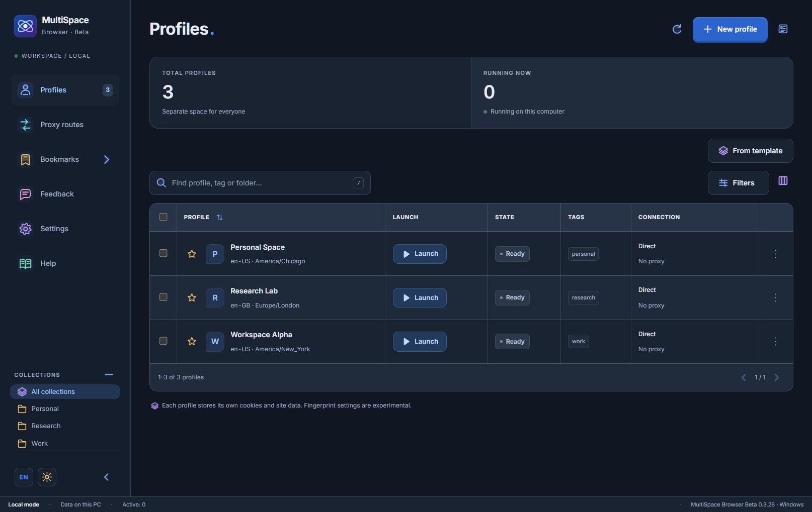 MultiSpace Browser in English, showing three sample profiles: Workspace Alpha, Research Lab and Personal Space